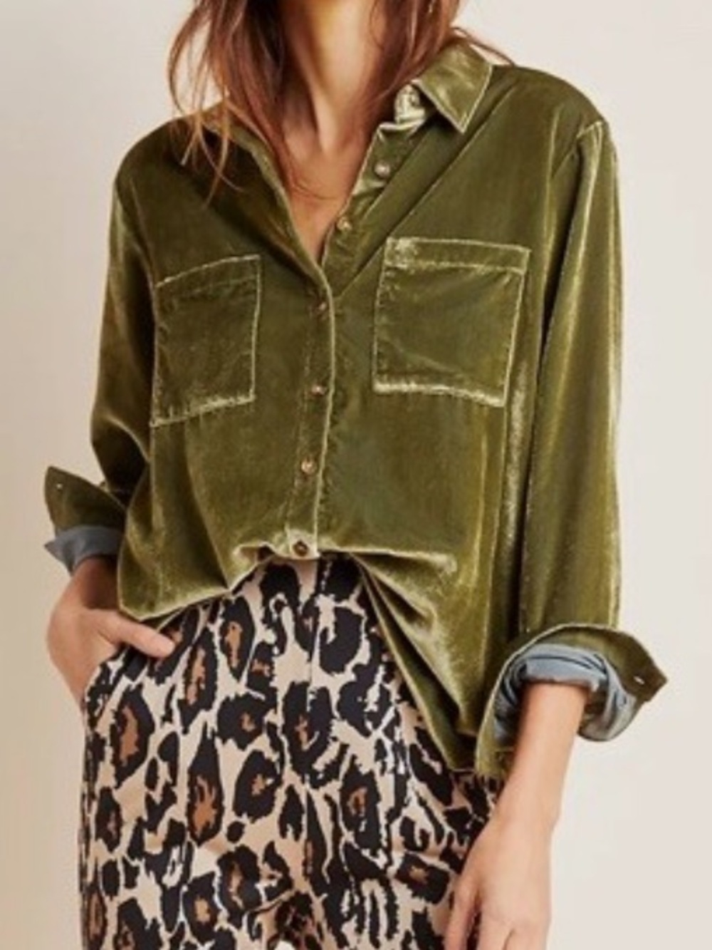 Anthropologie Pilcro Olive Green Velvet button down blouse (D)